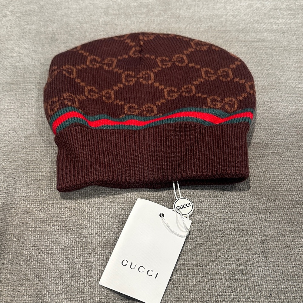Gucci Kids Brown GG Logo Knit Beanie with Signature Web Stripe